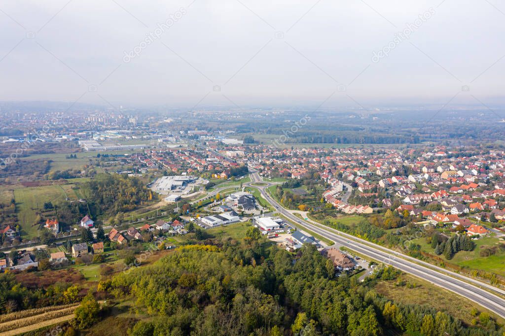 Drone photo of Csacs district on a foggy autumn morning in City Zalaegerszeg, Hungary