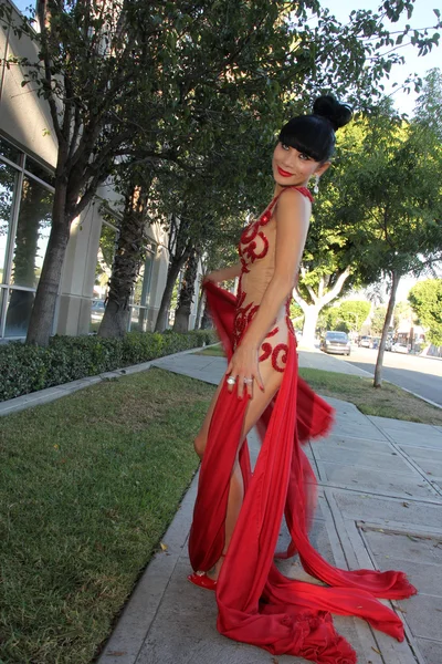 Bai Ling Models her See-Thru Red Dress — Stock Photo, Image