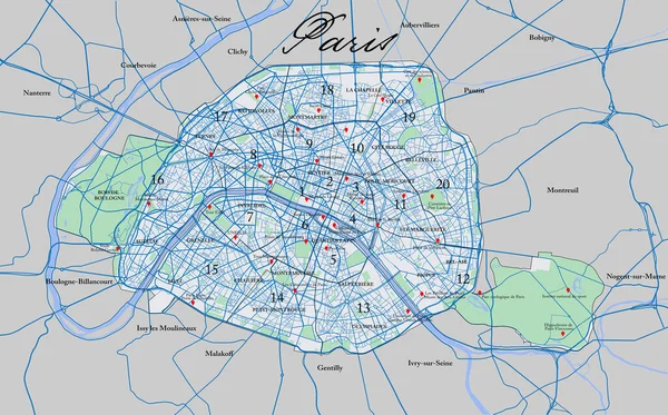 Весьма Подробная Векторная Карта Парижа Всеми Округами Агломерациями Основными Дорогами — стоковый вектор