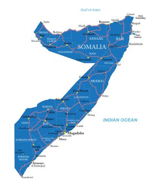 İdari bölgeleri, ana şehirleri ve yolları ile Somali 'nin son derece ayrıntılı vektör haritası.