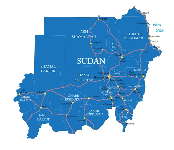 Velmi Podrobná Vektorová Mapa Súdánu Správními Regiony Hlavními Městy Silnicemi — Stockový vektor