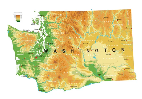 Фізична Карта Штату Вашингтон — стоковий вектор