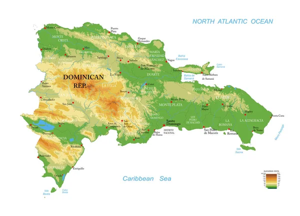 Dominicaanse Republiek Zeer Gedetailleerde Fysieke Kaart — Stockvector
