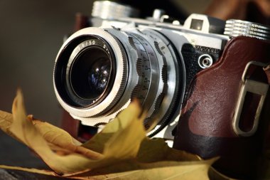 Sonbahar yaprakları ile eski fotoğraf makinesi