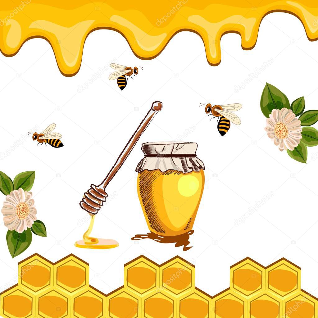 poster of organic honey in a glass jar, honeycombs, flowers, bees