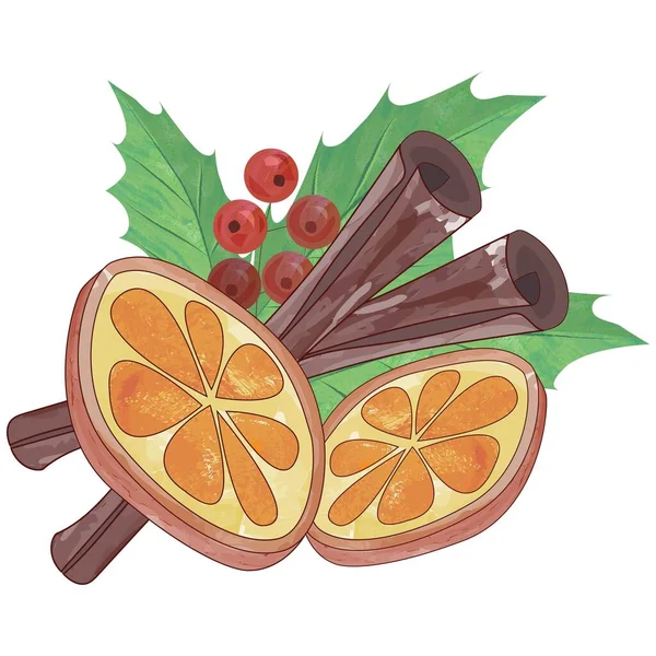 Weihnachten und Neujahr Set Orange, Zimt Mistel. Vektorillustration — Stockvektor