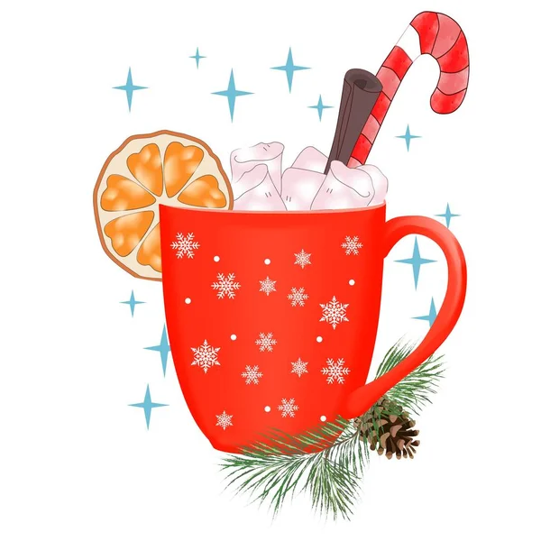 Winter drink with marshmallows, candy, cinnamon and orange slice. Red cup with snowflakes. New Year and Christmas illustration. Vector. Isolated white background. — Stock Vector