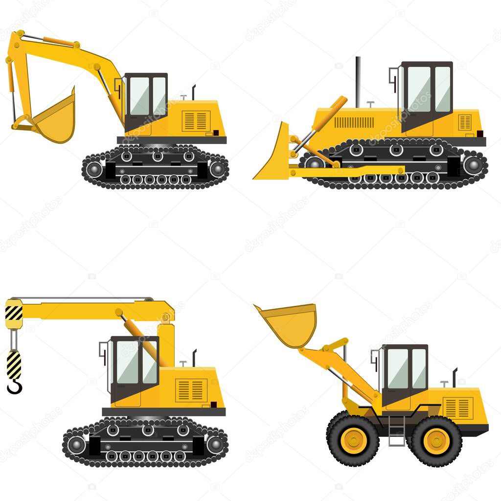 Set of building transportation. Excavator, crawler excavator, bulldozer, crane. Vector illustration.