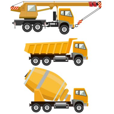 İnşaat makineleri ayarlandı. Gezici vinç. Beton karıştırıcı. Çöp kamyonu. Vektör çizimi. Beyaz arka planda izole edilmiş. Renk sarı.