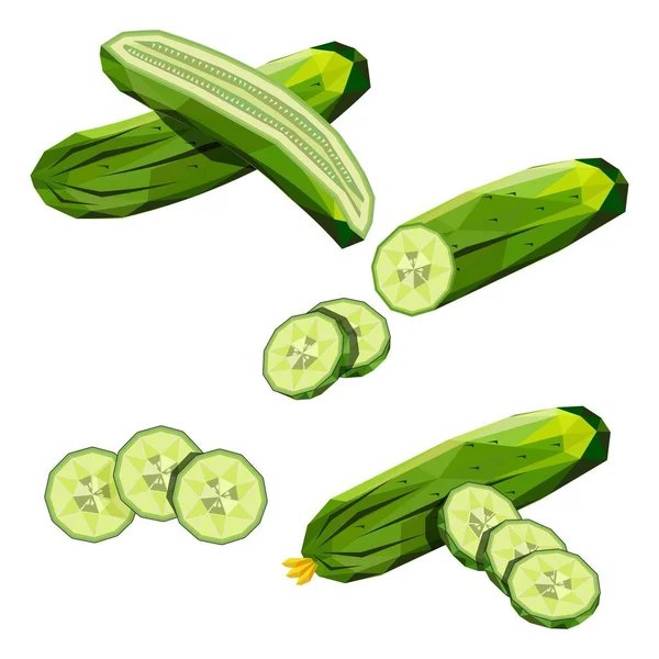 Conjunto de pepinos. Pepino entero, medio, picado, rebanadas y grupo de pepinos. Verduras ecológicas. Alimento saludable, dietético, vegetariano. Ilustraciones vectoriales aisladas sobre fondo blanco. — Vector de stock