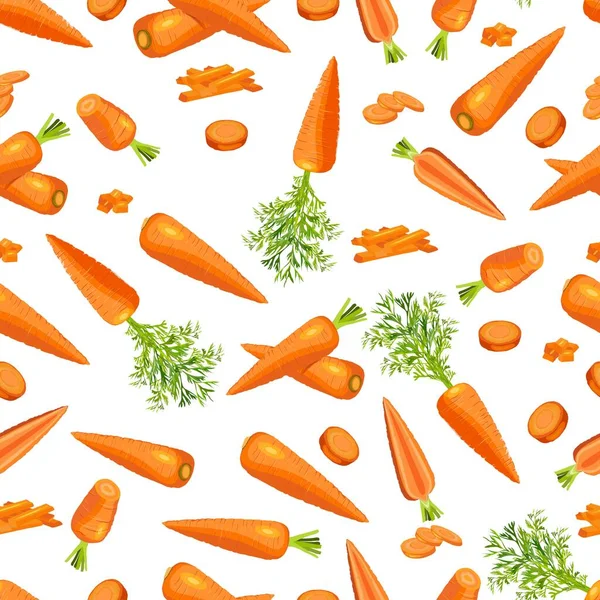 Seamless background of carrots. Whole, a half, slice, diced of carrot. Carrots, cut into strips. Fresh organic and healthy, vegetarian vegetables. Vector illustration isolated on white background — Stock Vector