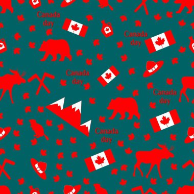 Canada day. Seamless pattern with maple, flag, moose and hat, beaver and bear, mountains, maple syrup. Vector illustration isolated on blue background. Seamless background.