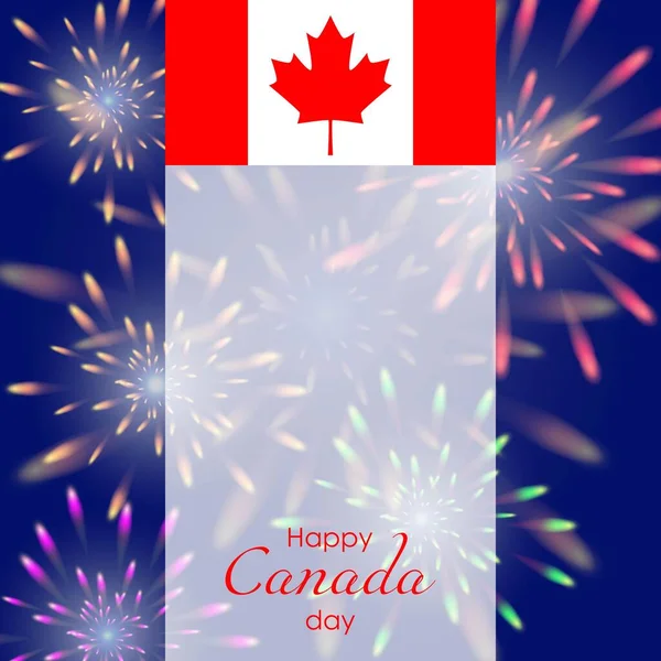 Canada day. Banner with Canada flag and fireworks. Salute on dark blue background. Square template. Happy Canada Day poster, card, flyer. Vector illustration. — Stock Vector