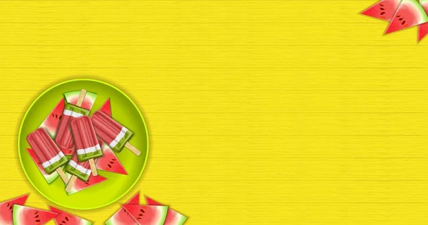 Rectangular banner with popsicles on plate and pieces watermelons. Fruit ice cream from watermelon. Fruit popsicle. Summer dessert. Watermelon day. Vector illustration on yellow wooden background. — Stock Vector