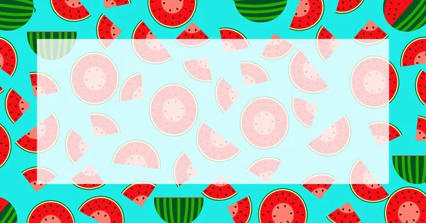 Nationaler Tag der Wassermelone. Rechteckiges Banner mit ganzen und in Scheiben geschnittenen, halben und viertel Wassermelonen. Wassermelonen im flachen Stil. Wassermelonen-Tag. Vorlage. Vektordarstellung isoliert auf blauem Hintergrund. — Stockvektor