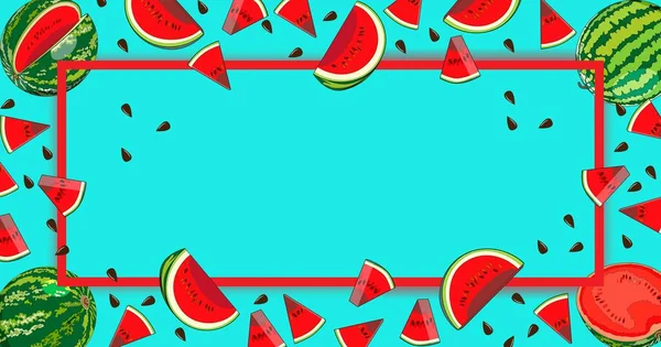 Nationaler Tag der Wassermelone. Banner mit ganzen und in Scheiben geschnittenen, halben und viertel Wassermelonen. Cartoon-Stil. Wassermelonen-Tag. Rechteckige Vorlage. Vektordarstellung isoliert auf blauem Hintergrund. — Stockvektor