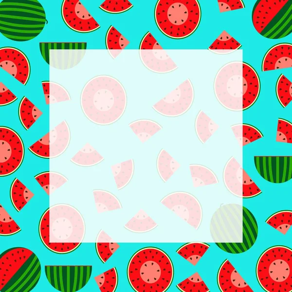 Nationaler Tag der Wassermelone. Banner mit ganzen und in Scheiben geschnittenen, halben und viertel Wassermelonen. Wassermelonen im flachen Stil. Wassermelonen-Tag. Quadratische Vorlage. Vektordarstellung isoliert auf blauem Hintergrund. — Stockvektor