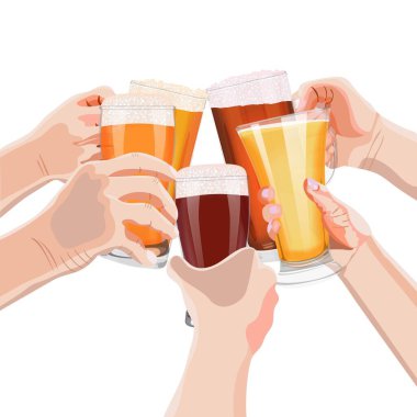 Ellerinde bira bardakları, pilsner ve weizen bardakları olan eller. Açık ve koyu bira. Pankartlar, el ilanları, posterler, kartlar için. Bira günü. Alkolik içecekler. Vektör illüstrasyonu beyaz arkaplanda izole edildi.