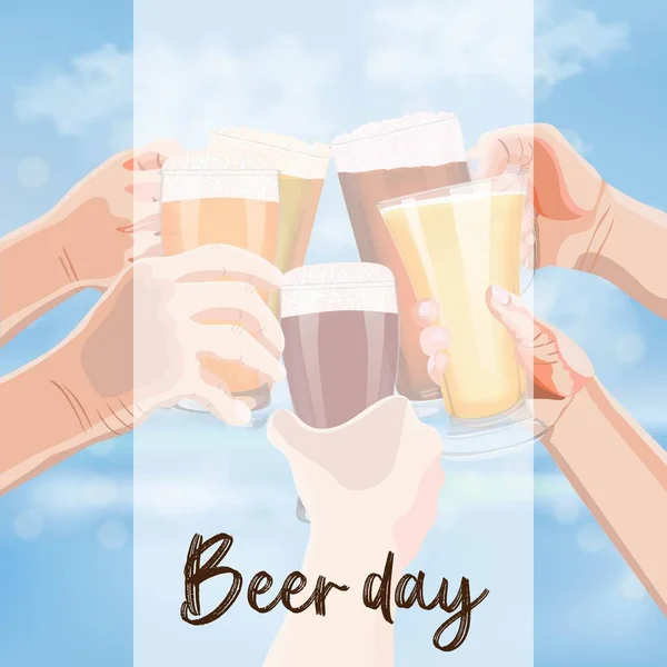 Square banner with hands holding beer mugs, pilsner glasses and weizen. on blue sky and sea background. International Beer Day. Beer day. Alcoholic drinks. Template. Post. Vector illustration. — Stock Vector