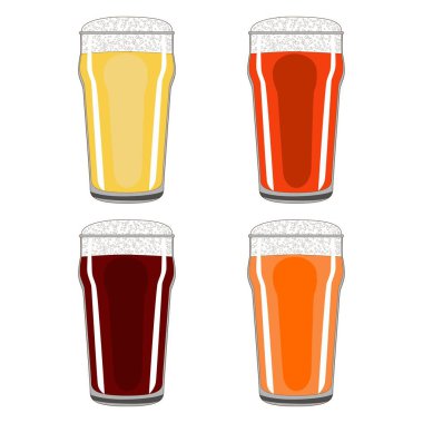 Pint nonik bira ile kusursuz desen. Hafif bira, koyu bira, bira ve çizgi film tarzında bira. Bira günü. Ekim festivali. Mavi arkaplanda vektör illüstrasyonu izole edildi. Kusursuz arkaplan