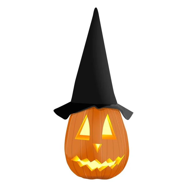 Glühende geschnitzte Kürbisse zu Halloween. Orangener Kürbis mit schwarzem Hut für Banner, Flyer, Poster, Karten. Jack o Laterne Kürbis. Oktober. Vektor-Illustration isoliert auf weißem Hintergrund — Stockvektor