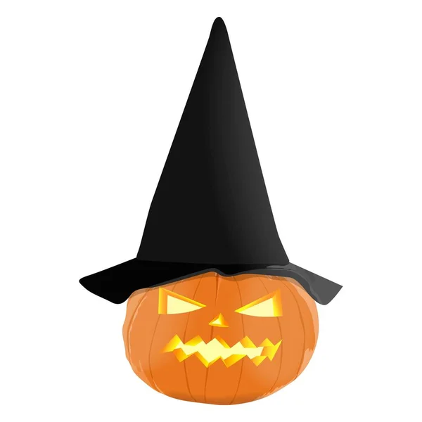 Glühende geschnitzte Kürbisse zu Halloween. Orangener Kürbis mit schwarzem Hut für Banner, Flyer, Poster, Karten. Zuckerkuchenkürbis. Oktober. Vektor-Illustration isoliert auf weißem Hintergrund — Stockvektor