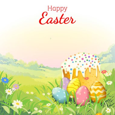 Renkli yumurta ve bahar bahçesinde çiçekli geleneksel pasta eşliğinde Mutlu Paskalya kare çizimleri ve metin için metin alanı.