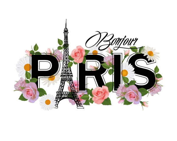 T-shirt design de impressão com slogan Hello Paris, Torre Eiffel, moldura e rosas rosa . —  Vetores de Stock