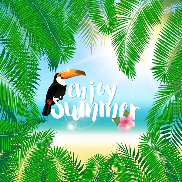 Affiche d'été avec feuilles de palmier, bord de mer, hibiscus fleuri et toucan . — Image vectorielle