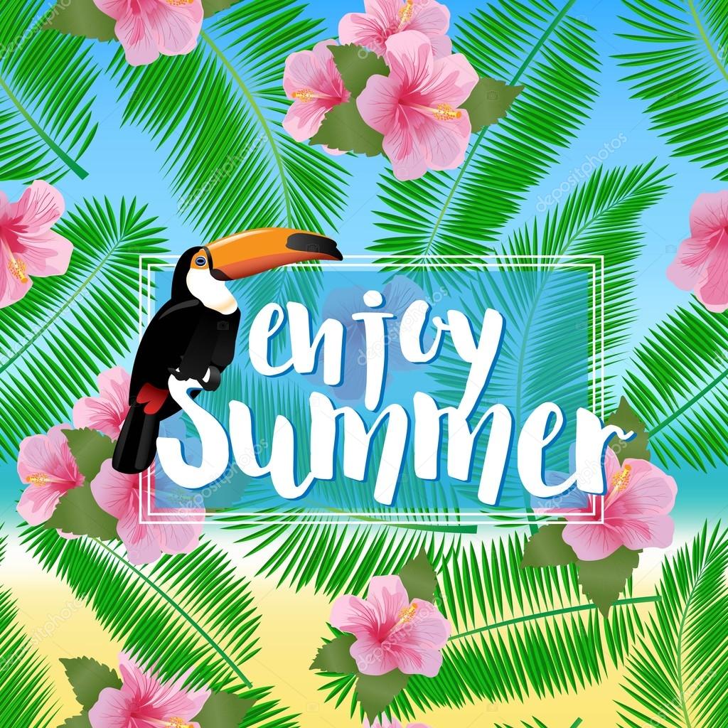 Tropical exotic vacation background with palm and slogan.