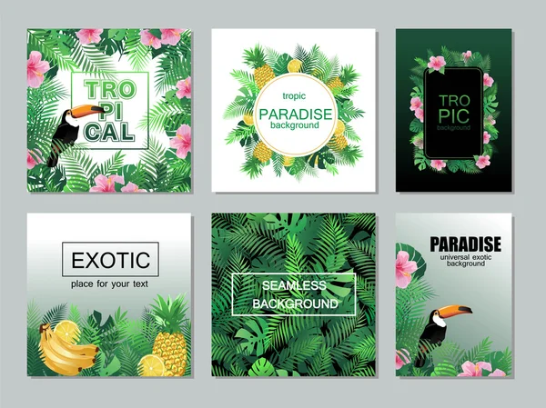 Koleksi kartu dapat dicetak tropis dengan daun palem, toucan . - Stok Vektor