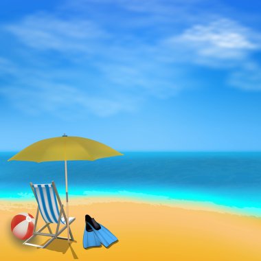 Şemsiye, top, plaj, mavi gökyüzü ile yaz deniz görünümü arka plan.