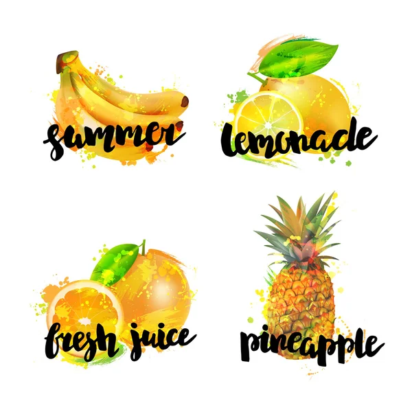 Conjunto de frutas frescas.Plátano, limón, piña, naranja y letras — Vector de stock