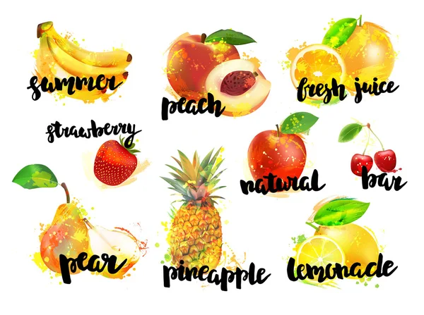 Gran juego de frutas y bayas frescas. Plátano, melocotón, limón, fresa, manzana, cereza, pera, piña, naranja con letras . — Vector de stock