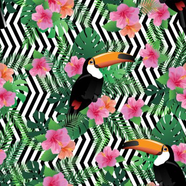 Egzotik hibiscus çiçek, Tukan, palmiye yaprakları ile Seamless Modeli.