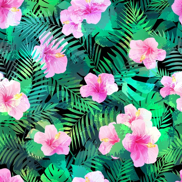 Seamless pattern with exotic hibiscus flowers and palm leaves. — Stock Vector