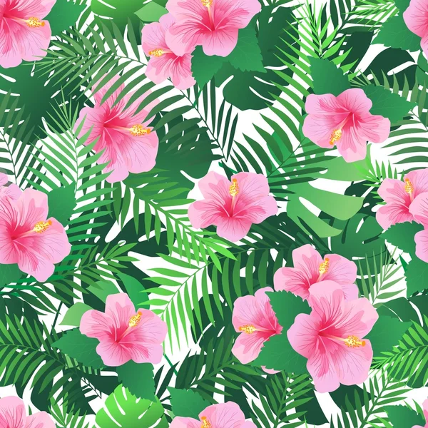 Naadloze patroon met exotische hibiscus bloemen en palmbladeren. — Stockvector