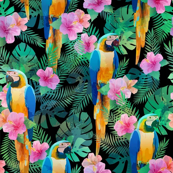 Motif sans couture avec fleurs exotiques d'hibiscus, perroquet, feuilles de palmier . — Image vectorielle