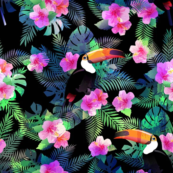 Nahtloses Muster mit exotischen Hibiskusblüten, Tukan, Palmblättern. — Stockvektor