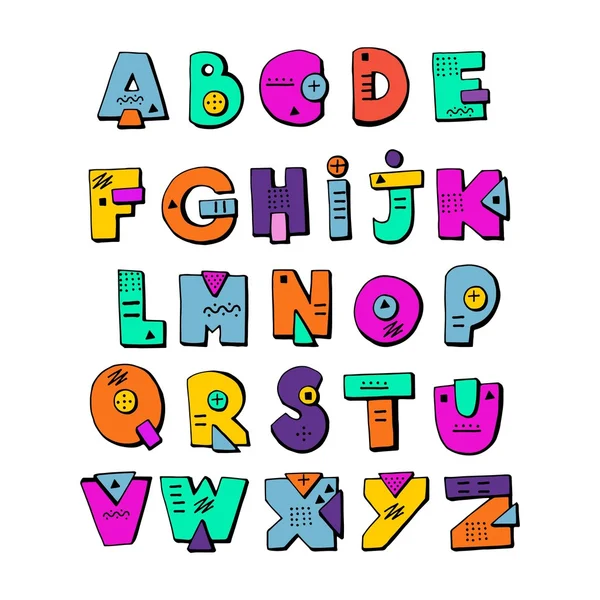Komik doodle alfabe. Renkli yaratıcı tasarım harfler. ABC. — Stok Vektör
