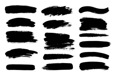 Siyah boya seti, mürekkep fırçası darbeleri, fırçalar, çizgiler. Kirli sanatsal tasarım unsurları.