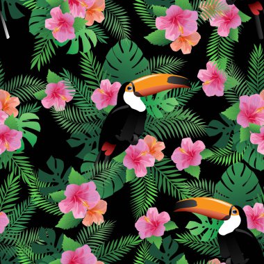 Egzotik bitkiler ve toucan ile dikişsiz desen 