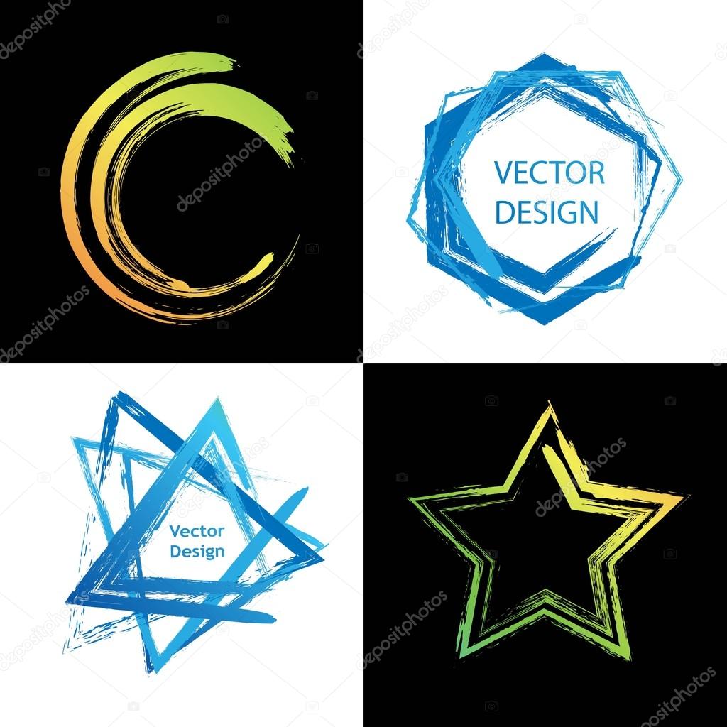 Collection of different geometric shapes for logo, label, branding. Brush abstract design elements. Triangle, star, circle, hexagon.