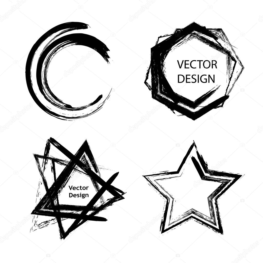 Collection of different geometric shapes for logo, label, branding. Brush abstract design elements. Triangle, star, circle, hexagon.