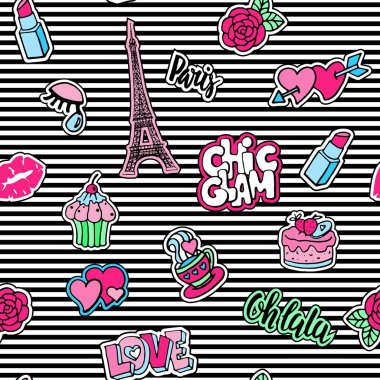 Şirin moda yama rozetleri ile seamless modeli. Dudaklar, Kalpler, Eyfel Kulesi, çiçek, pasta, göz, ruj. Paris romantik tasarım.