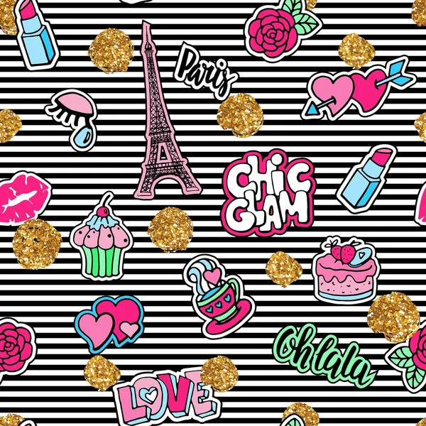 Lindo patrón sin costuras de moda con insignias de parche.Labios, corazones, torre Eiffel, flor, pastel, ojo, lápiz labial. París diseño romántico . — Vector de stock