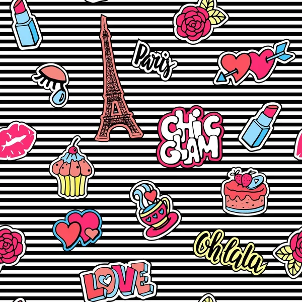 Motif mignon sans couture avec badges patch. Lèvres, cœurs, tour Eiffel, fleur, gâteau, oeil, rouge à lèvres. Paris design romantique . — Image vectorielle