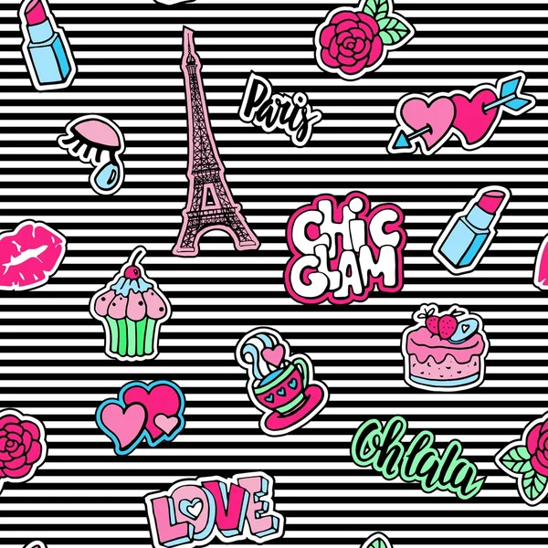 Aranyos divat varrat nélküli mintát javítás jelvények. Ajka, szívek, Eiffel-torony, virág, torta, szem, rúzs. Párizs romantikus design. — Stock Vector