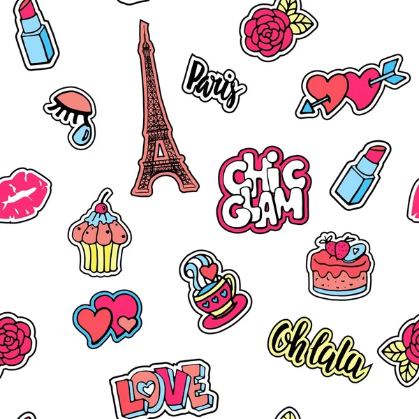 Lindo patrón sin costuras de moda con insignias de parche.Labios, corazones, torre Eiffel, flor, pastel, ojo, lápiz labial. París diseño romántico . — Vector de stock