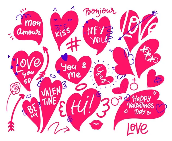 Dia dos Namorados feliz dooddle coleção de arte de letras, bolhas de fala, corações —  Vetores de Stock